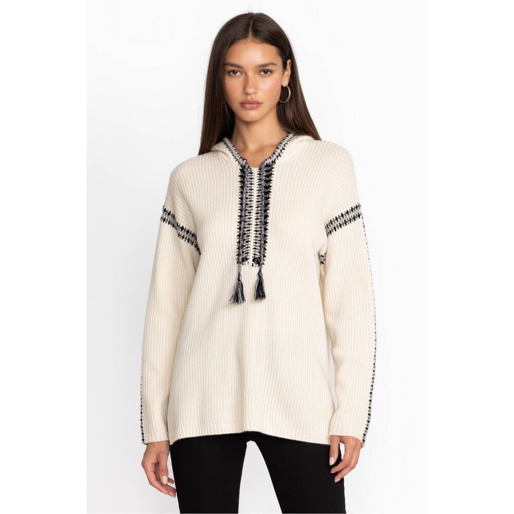 Johnny Was Beltran Cashmere Blend Whipstitch Baja Hooded Sweater Cream Size S
